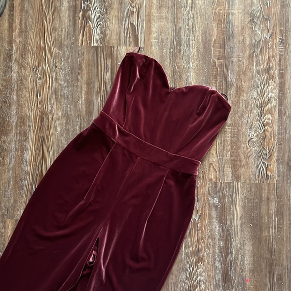 Express Wine Deep Cranberry Red Strapless Velvet Velour Formal Jumpsuit - Picture 2 of 5